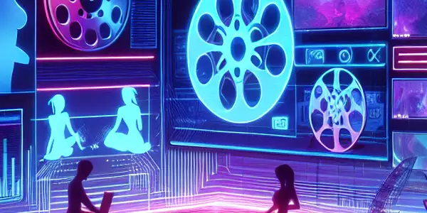 Futuristic digital interface showcasing a vibrant adult film platform with Japanese cultural motifs and silhouettes of engaged viewers.