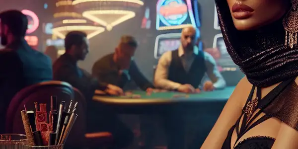 A female undercover police officer in a glamorous casino, embodying danger and seduction amidst a tense atmosphere.