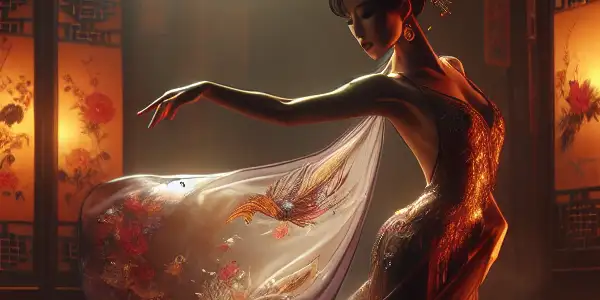 A graceful woman in a flowing qipao performs an intimate Chinese erotic dance in a dimly lit, ornate room.