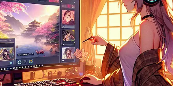 A cozy gaming setup featuring an anime-inspired character, vibrant game interface, and elements of Japanese culture and eroticism.