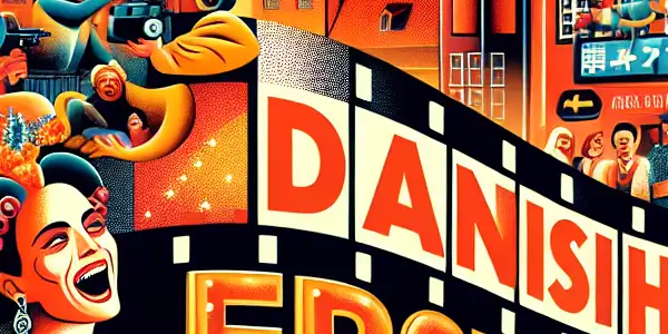 A lively film set featuring actors in colorful costumes, blending Danish and Japanese aesthetics with comedic and romantic elements.