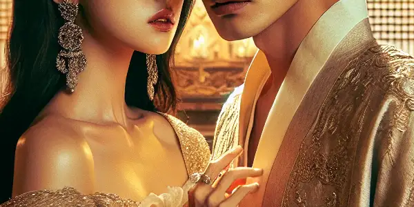 A passionate moment between a man and woman in a romantic, atmospheric setting inspired by Korean culture.