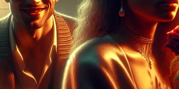 An intimate room with two characters expressing contrasting emotions of passion and pain, surrounded by warm lighting and symbolic elements.