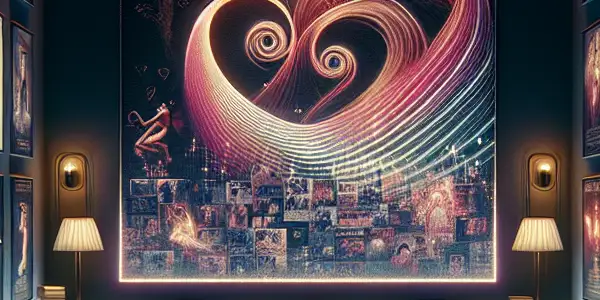 A cozy digital library showcasing vibrant movie posters and themes of romance, passion, and cinematic exploration.