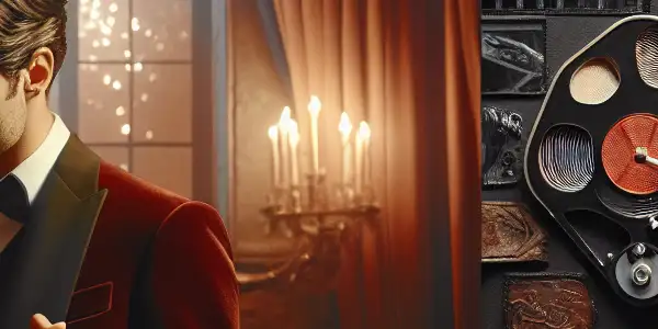 A passionate couple embraces in a dimly lit room, surrounded by vintage decor and film elements.