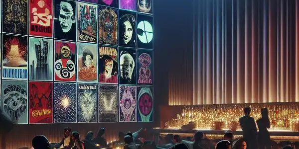 A luxurious, dimly lit lounge featuring a digital screen with vibrant adult film posters and silhouettes of engaged individuals.