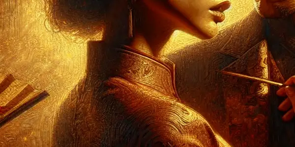 A couple in an intimate setting, expressing desire and conflict amidst shadows and warm lighting, hinting at hidden relationships.