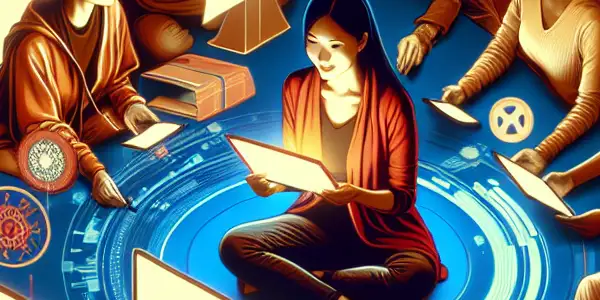 A cozy virtual room filled with friends discussing Japanese AV content, surrounded by traditional elements and digital devices.