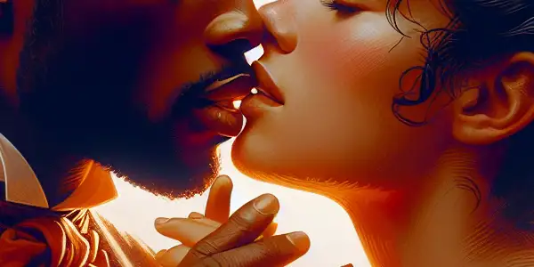 A passionate couple sharing a tender kiss, surrounded by rose petals in a warm, romantic atmosphere.