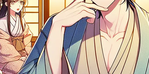 A cozy, intimate room featuring a playful male character and an intrigued female character, highlighting flirtation and charm.