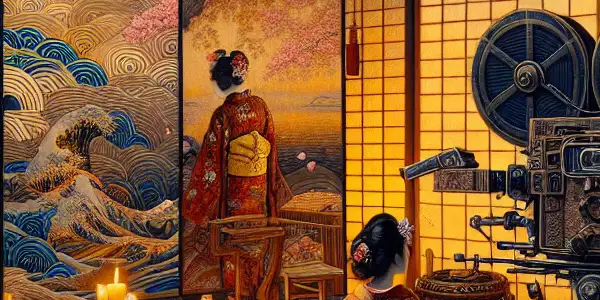 A traditional Japanese film set featuring vibrant kimonos, cherry blossoms, and elements of eroticism and desire.