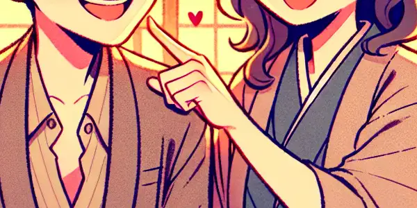 Two characters share a joyful, playful moment in a cozy, warmly lit room, surrounded by romantic decor.