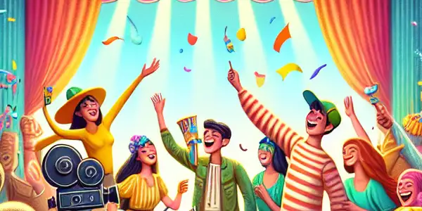 A lively carnival scene with diverse characters enjoying themselves, celebrating joy and adult entertainment in a colorful atmosphere.