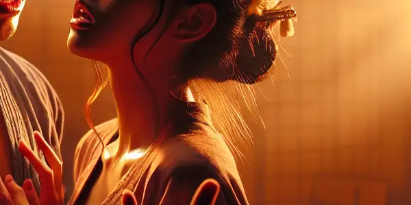 A male and female character share an intimate moment in a warm, traditional Japanese setting, conveying deep emotional connection.