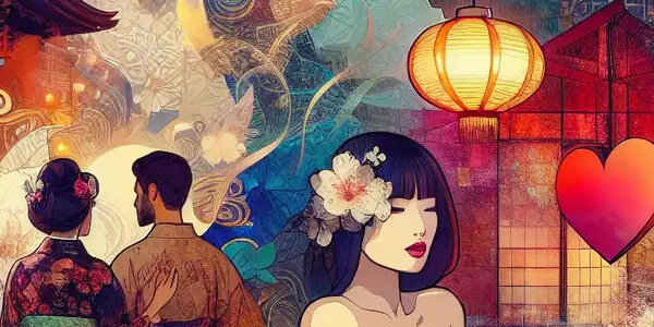 A vibrant collage blending traditional Japanese and European romantic elements in an elegant adult film set.