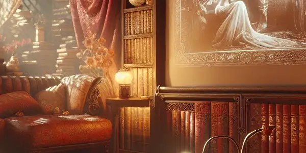 A cozy, intimate room featuring a bookshelf of Taiwanese erotic literature, a vintage projector, and romantic details.