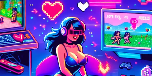 A vibrant retro gaming scene featuring a stylish gamer in a colorful, animated virtual world with playful adult-themed elements.