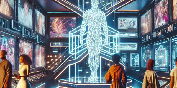 A futuristic online gallery showcasing diverse adult entertainment content with high-tech displays and curious visitors.