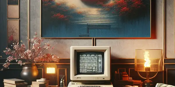 A cozy, dimly lit room featuring a vintage computer displaying subtle adult-themed art and tasteful memorabilia.