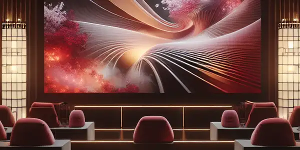 A sophisticated viewing room featuring plush furniture, ambient lighting, and a modern screen with abstract visuals, inspired by Japanese AV cinema.<a href=